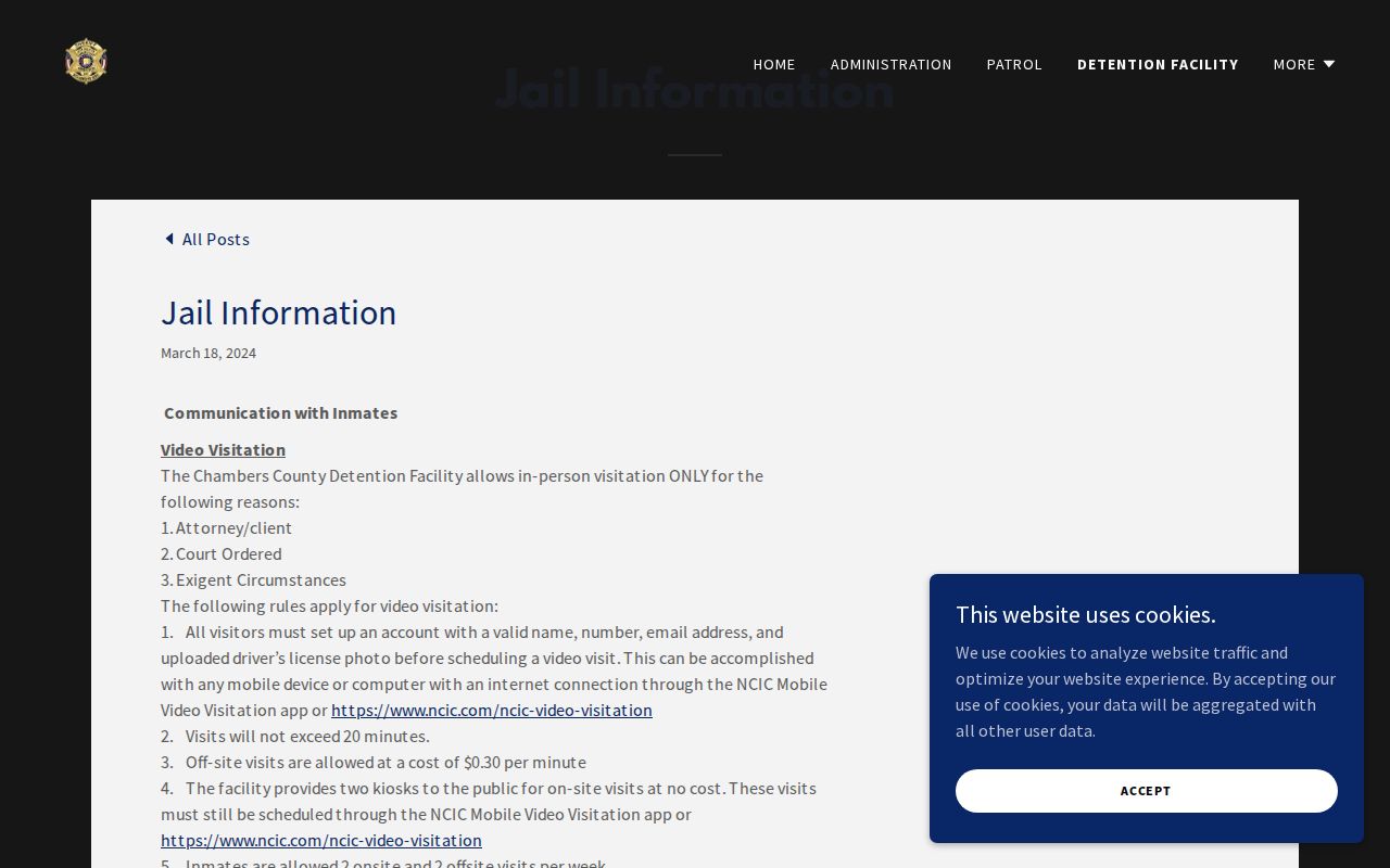 Chambers County jail information page describing the detention facility and inmate search