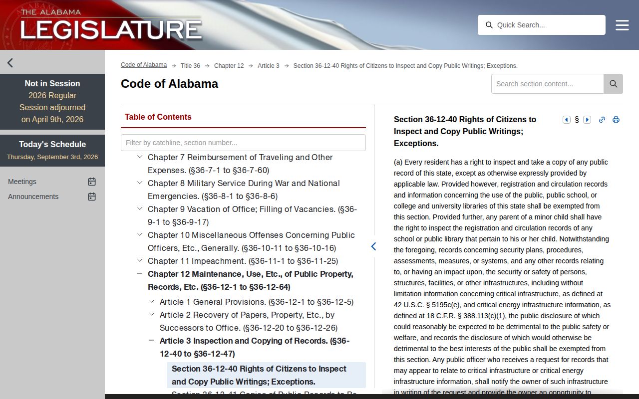 Alabama public records statute 36-12-40 on the legislature code site