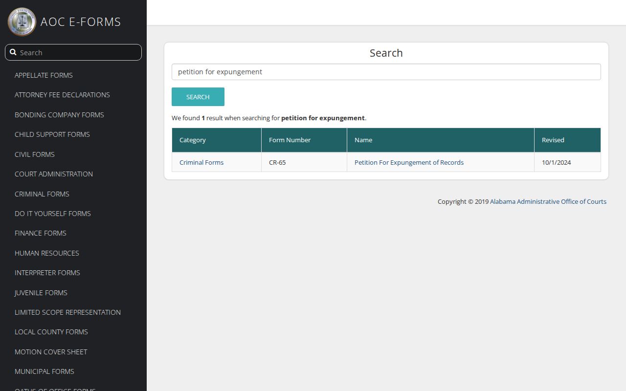 Alabama AOC expungement form search showing the CR-65 petition form