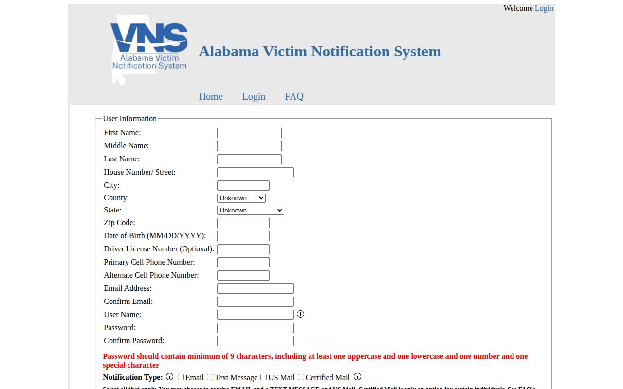 Alabama Victim Notification System registration form