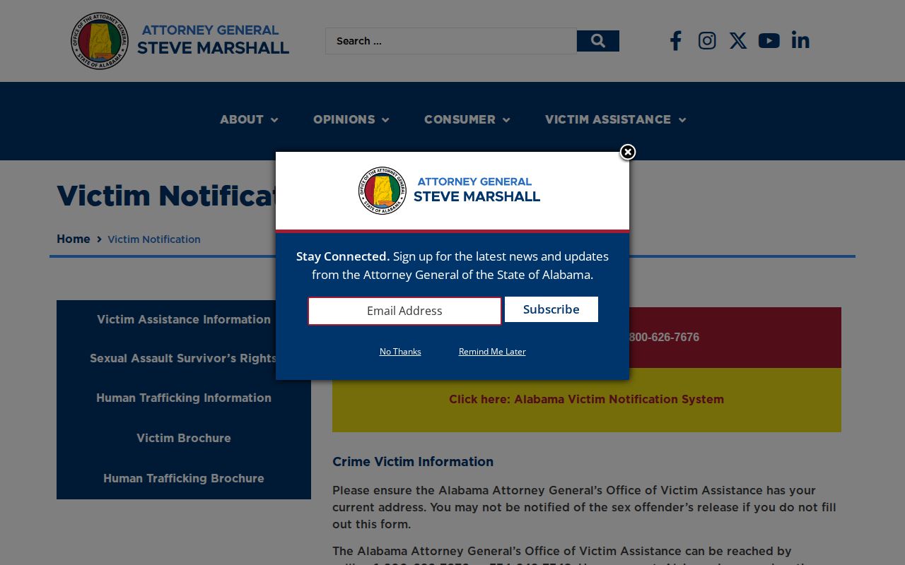 Alabama Attorney General victim notification page