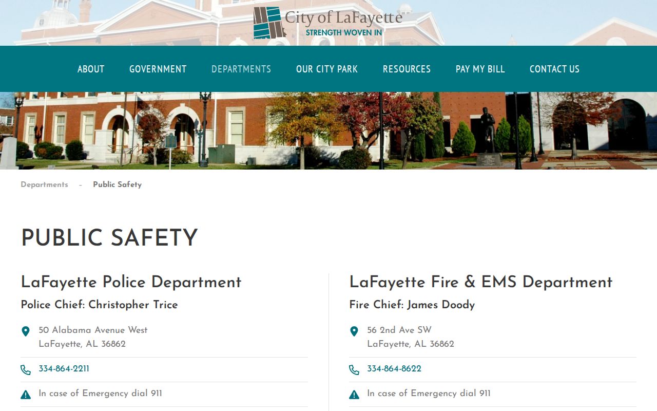 LaFayette Public Safety page listing the police department contact