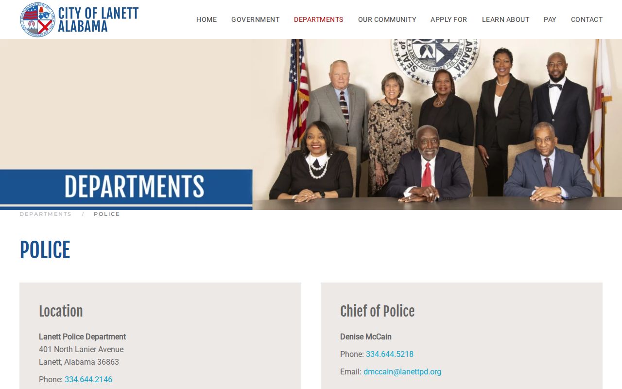 Lanett Police Department official page with address and phone